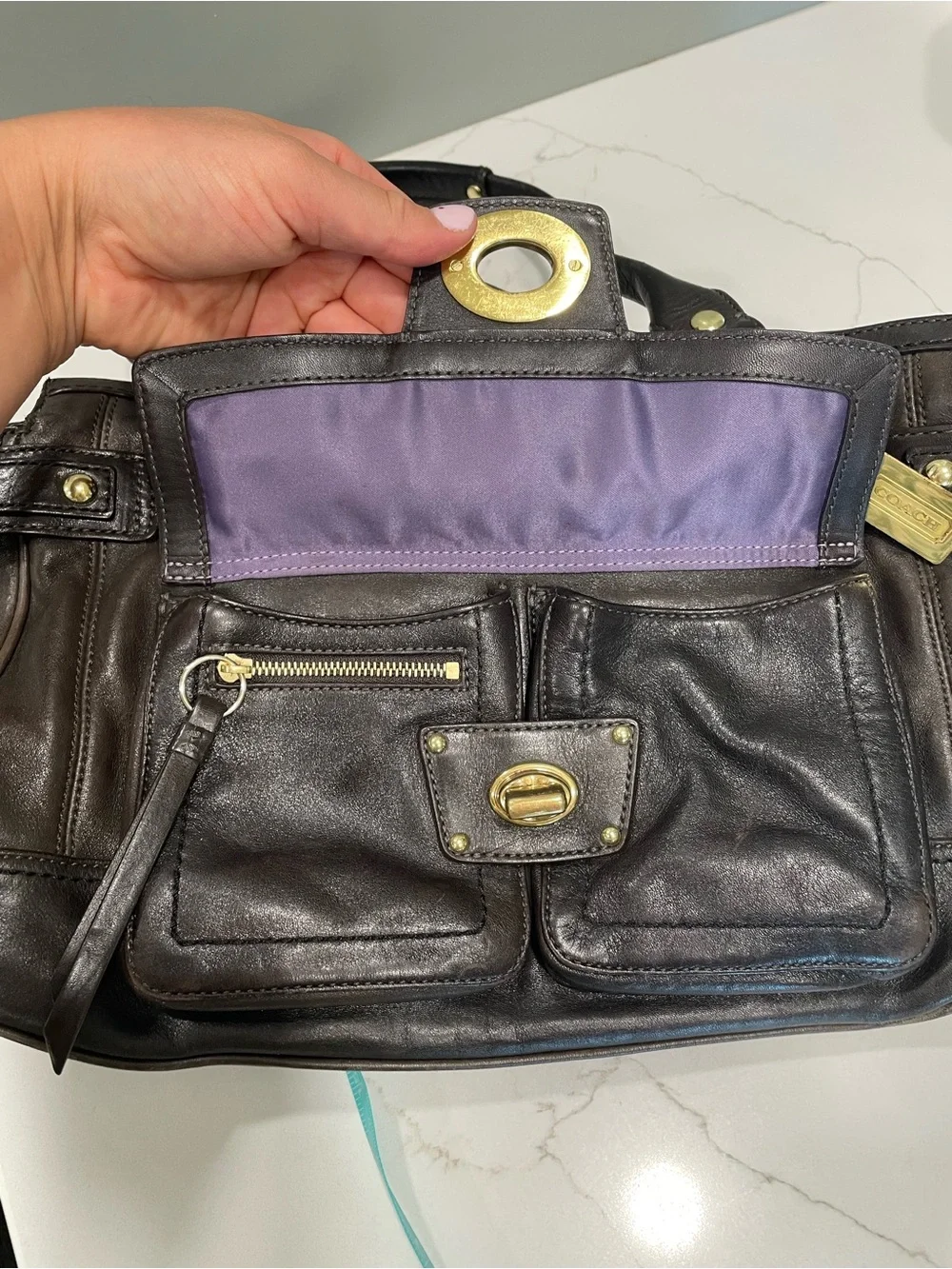 Coach Black Leather Handbag with Purple Lining